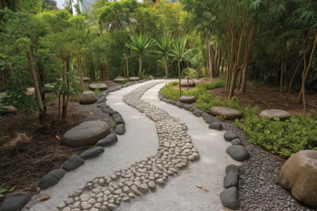 pathway made of interlocking stones leading to meditation garden, created with generative aiの素材