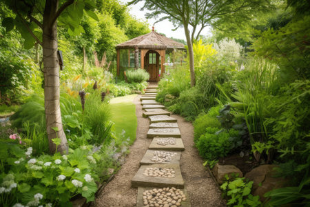 a garden path lined with stepping stones and leading to a gazebo, created with generative aiの素材