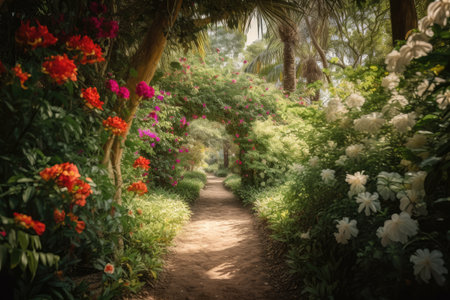 pathway surrounded by lush greenery and blossoming flowers, created with generative aiの素材