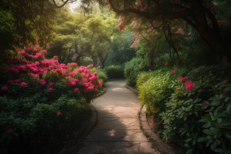 pathway surrounded by lush greenery and blossoming flowers, created with generative aiの素材