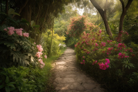 pathway surrounded by lush greenery and blossoming flowers, created with generative aiの素材