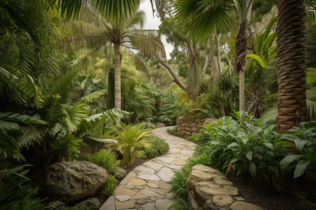 tropical garden with winding stone pathways and towering palms, created with generative aiの素材