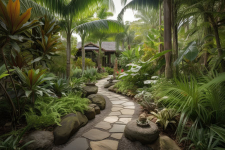 tropical garden with winding stone pathways and towering palms, created with generative aiの素材