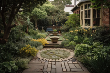 a garden with pathways and stepping stones leading to a fountain, created with generative aiの素材
