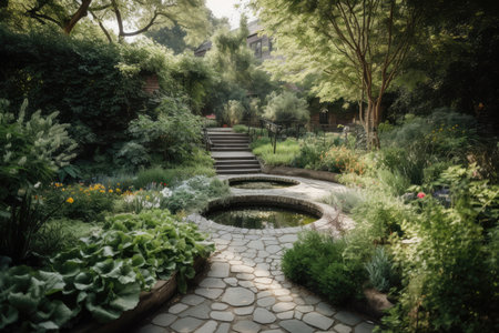 a garden with pathways and stepping stones leading to a fountain, created with generative aiの素材