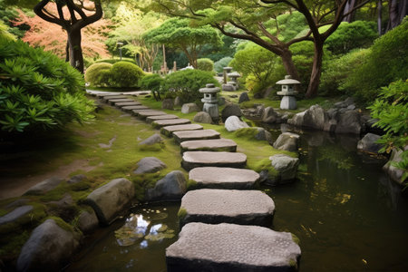 stepping stones and pathways leading to serene japanese garden, created with generative aiの素材