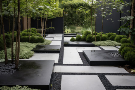 modern garden with sleek, minimalist design, featuring metal pathways and black stepping stones, created with generative aiの素材