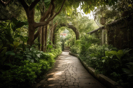 calm and serene pathway surrounded by lush greenery, created with generative aiの素材
