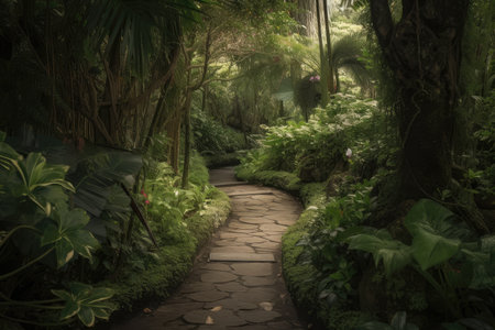 calm and serene pathway surrounded by lush greenery, created with generative aiの素材