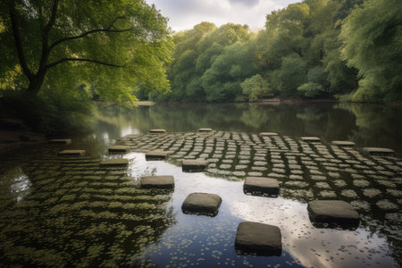 quiet lake surrounded by a maze of stepping stones and pathways, created with generative aiの素材