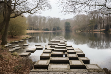 quiet lake surrounded by a maze of stepping stones and pathways, created with generative aiの素材