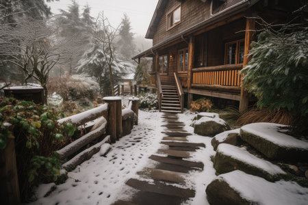 winter scene, with snow-covered pathways and stepping stones, leading to cozy cabin, created with generative aiの素材