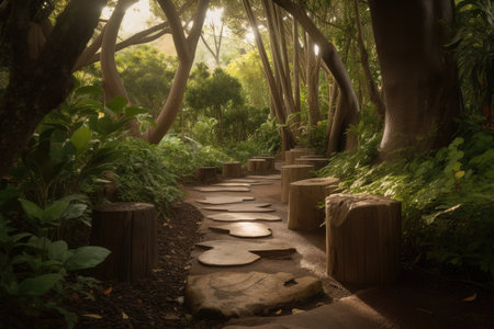 tree-lined path with wooden stepping stones leading to hidden treasure, created with generative aiの素材
