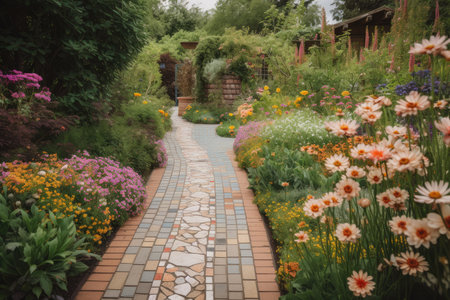 tiled pathway leading to a garden oasis, with bright and colorful blooms in full bloom, created with generative aiの素材