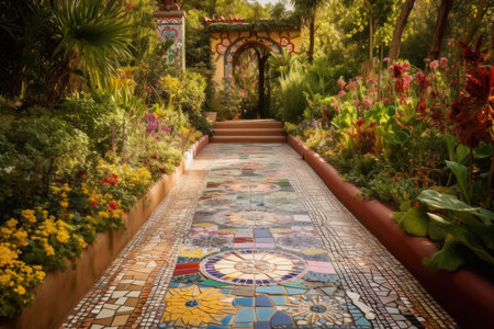 tiled pathway leading to a garden oasis, with bright and colorful blooms in full bloom, created with generative aiの素材