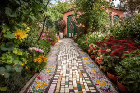 tiled pathway leading to a garden oasis, with bright and colorful blooms in full bloom, created with generative aiの素材