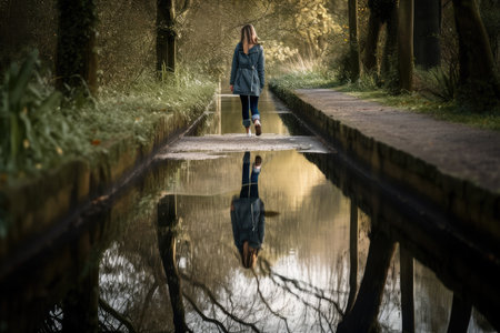 woman, walking on pathway, with her reflection visible in the water, created with generative aiの素材