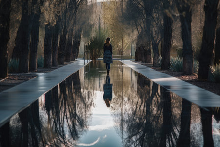 woman, walking on pathway, with her reflection visible in the water, created with generative aiの素材