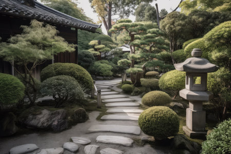 traditional japanese garden with stone pathways, lanterns and bonsai trees, created with generative aiの素材