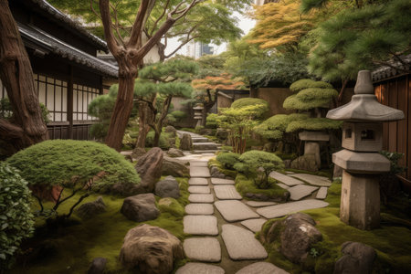 traditional japanese garden with stone pathways, lanterns and bonsai trees, created with generative aiの素材