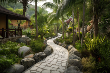luxury resort with stone pathways winding through lush tropical gardens, created with generative aiの素材