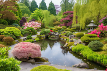 peaceful garden with winding pathways, blooming flowers, and tranquil water features, created with generative aiの素材