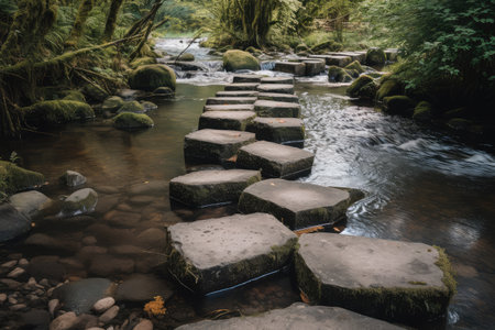 stepping stones across a rushing stream, with the water flowing beneath, created with generative aiの素材