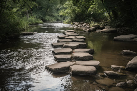 stepping stones across a rushing stream, with the water flowing beneath, created with generative aiの素材