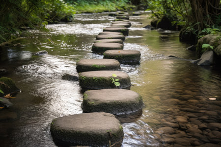 stepping stones across a rushing stream, with the water flowing beneath, created with generative aiの素材