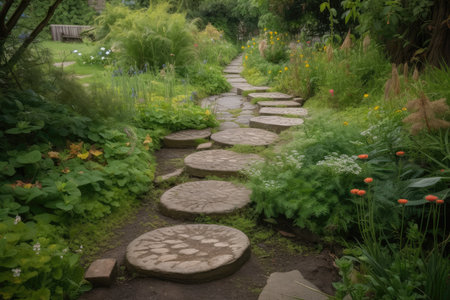 stepping stones winding through garden, leading to bench on the other side, created with generative aiの素材