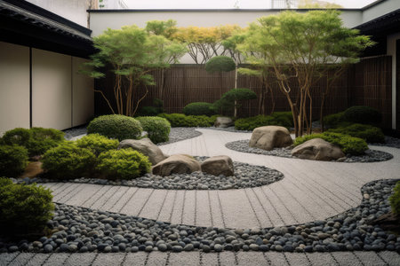 refined and minimalist garden with paths of pebbles and stepping stones, created with generative aiの素材