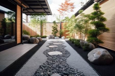 refined and minimalist garden with paths of pebbles and stepping stones, created with generative aiの素材