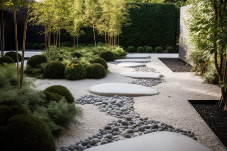 refined and minimalist garden with paths of pebbles and stepping stones, created with generative aiの素材