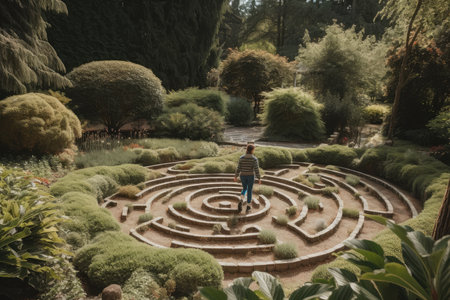 person, walking through garden maze of stepping stones and pathways, created with generative aiの素材