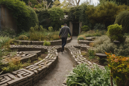 person, walking through garden maze of stepping stones and pathways, created with generative aiの素材