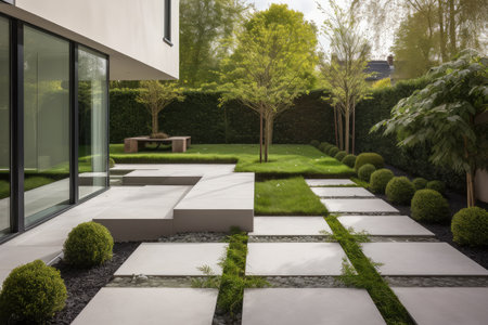 modern garden with sleek stepping stones and minimalist planting, created with generative aiの素材