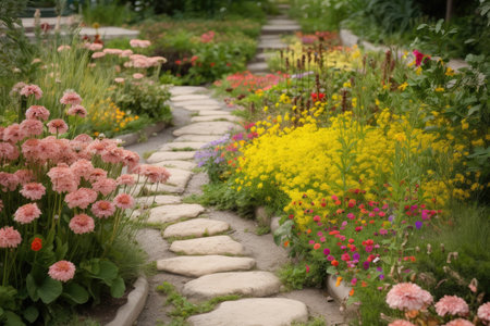 step pathway with stepping stones through garden, surrounded by blooming flowerbeds, created with generative aiの素材