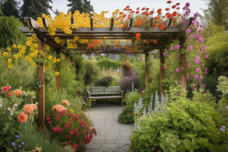 pergola surrounded by colorful flowering plants, bringing natural beauty to any outdoor space, created with generative aiの素材
