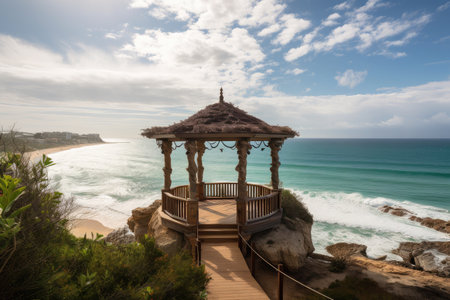 panoramic view of the ocean with pergola and gazebo in the foreground, created with generative aiの素材