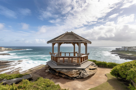 panoramic view of the ocean with pergola and gazebo in the foreground, created with generative aiの素材