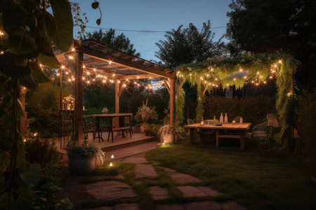 pergola with lush greenery and twinkling lights for a dreamy outdoor setting, created with generative aiの素材