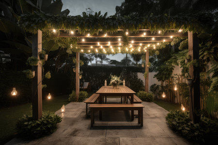 pergola with lush greenery and twinkling lights for a dreamy outdoor setting, created with generative aiの素材