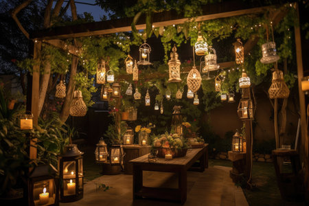 pergola with hanging plants and lanterns for a romantic setting, created with generative aiの素材