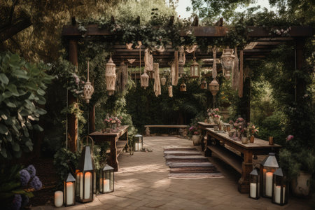 pergola with hanging plants and lanterns for a romantic setting, created with generative aiの素材