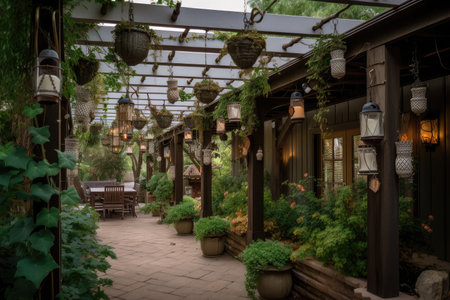 pergola with hanging baskets and lanterns, creating serene atmosphere, created with generative aiの素材