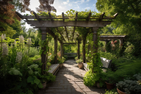 a pergola surrounded by lush foliage, offering serenity and privacy, created with generative aiの素材