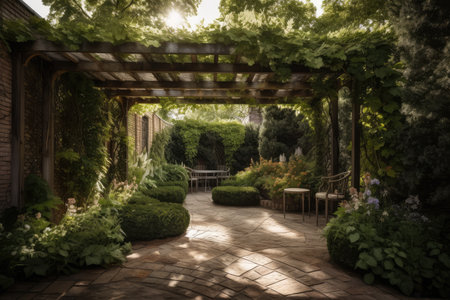 a pergola surrounded by lush foliage, offering serenity and privacy, created with generative aiの素材