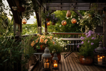 pergola with hanging lanterns and vases of flowers on a deck, created with generative aiの素材