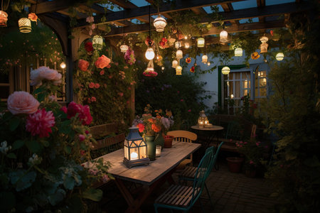pergola with hanging baskets of flowers and lanterns for romantic atmosphere, created with generative aiの素材