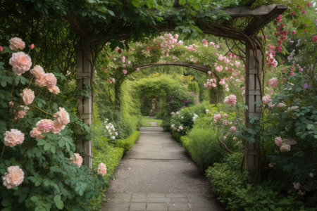 pergola covered in blooming roses, surrounded by green foliage, created with generative aiの素材